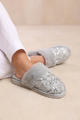 COZY SLIP ON SEQUIN SLIPPERS WITH FUR TRIM IN GREY