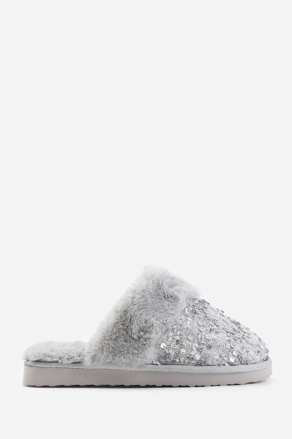 COZY SLIP ON SEQUIN SLIPPERS WITH FUR TRIM IN GREY