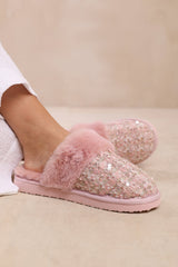 COZY SLIP ON SEQUIN SLIPPERS WITH FUR TRIM IN PINK