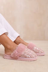 COZY SLIP ON SEQUIN SLIPPERS WITH FUR TRIM IN PINK