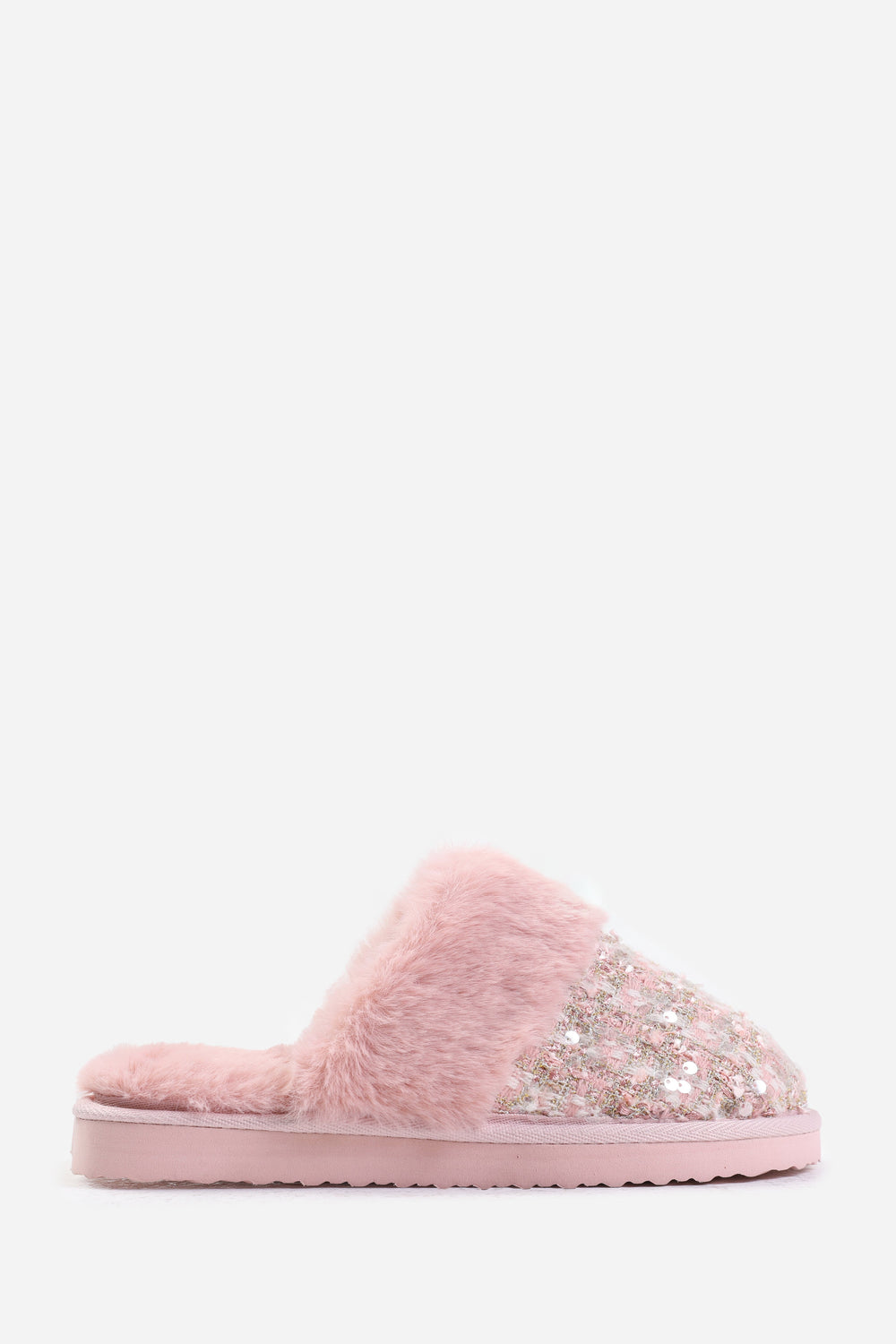 COZY SLIP ON SEQUIN SLIPPERS WITH FUR TRIM IN PINK