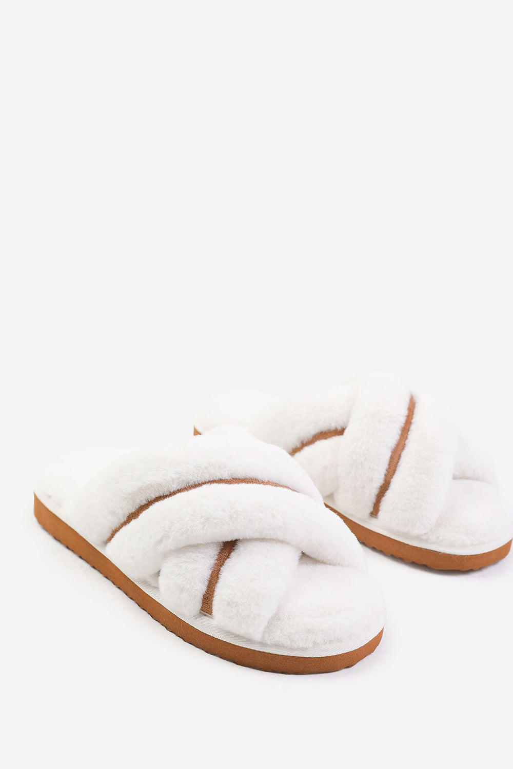 SNUGGLE CROSS OVER FLUFFY SLIPPERS IN CHESTNUT SUEDE