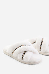 SNUGGLE CROSS OVER FLUFFY SLIPPERS IN LEOPARD CREAM