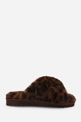 Denise Cross Over Fluffy Fur Slider Slippers In Leopard