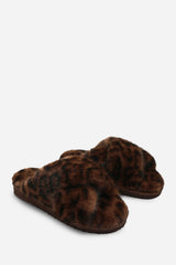 Denise Cross Over Fluffy Fur Slider Slippers In Leopard