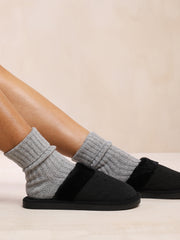 CUDDLE KNITTED FUR TRIM SLIPPERS IN BLACK