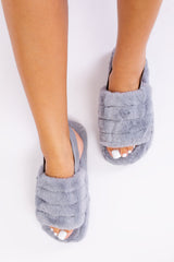 CHLOE KIDS FLUFFY FAUX FUR MULE SLIPPERS WITH ELASTIC STRAP IN GREY