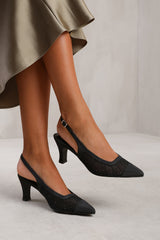 ASPEN DIAMANTE MESH POINTED HEEL WITH SLINGBACK STRAP IN BLACK SATIN