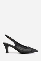 ASPEN WIDE FIT DIAMANTE MESH POINTED HEEL WITH SLINGBACK STRAP IN BLACK SATIN