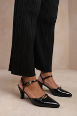 MEMPHIS WIDE FIT LOW HEEL WITH MULTI BUCKLE DETAIL IN BLACK PATENT