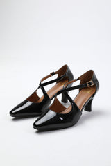 COLORADO CROSS OVER STRAP MID BLOCK HEEL IN BLACK PATENT
