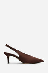 Mira Pointed Slingback Kitten Heels in Brown Faux Suede