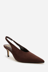 Mira Pointed Slingback Kitten Heels in Brown Faux Suede