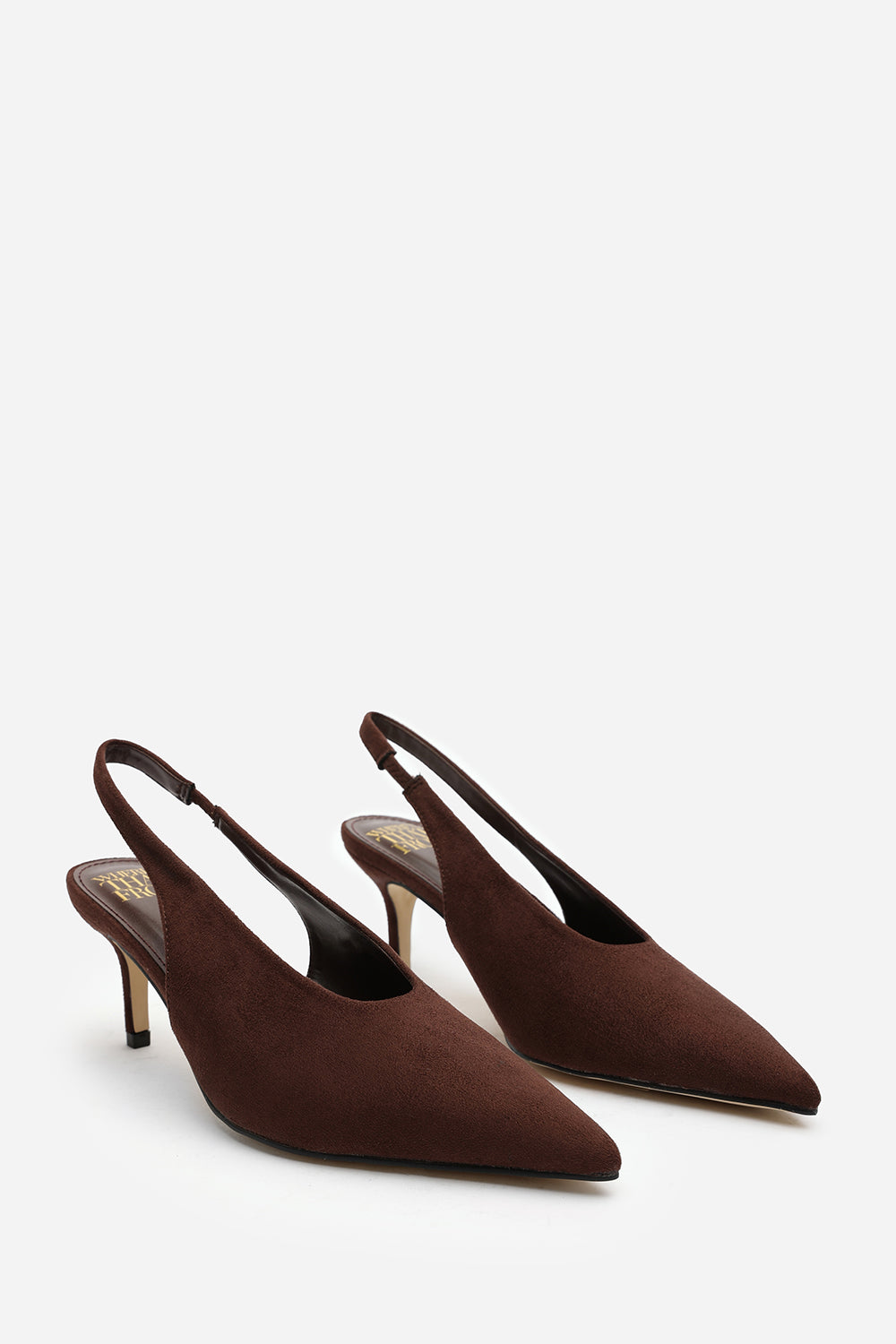 Mira Pointed Slingback Kitten Heels in Brown Faux Suede