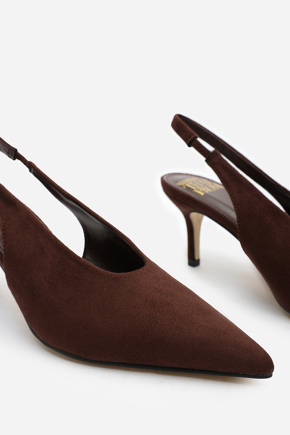 Mira Pointed Slingback Kitten Heels in Brown Faux Suede