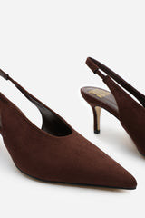 Mira Pointed Slingback Kitten Heels in Brown Faux Suede
