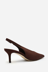 Mira Pointed Slingback Kitten Heels in Brown Faux Suede