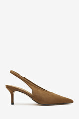 Mira Pointed Slingback Kitten Heels in Khaki Faux Suede
