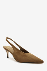 Mira Pointed Slingback Kitten Heels in Khaki Faux Suede