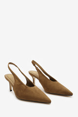 Mira Pointed Slingback Kitten Heels in Khaki Faux Suede