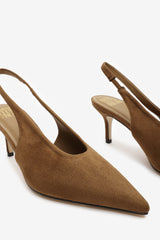 Mira Pointed Slingback Kitten Heels in Khaki Faux Suede