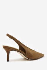 Mira Pointed Slingback Kitten Heels in Khaki Faux Suede