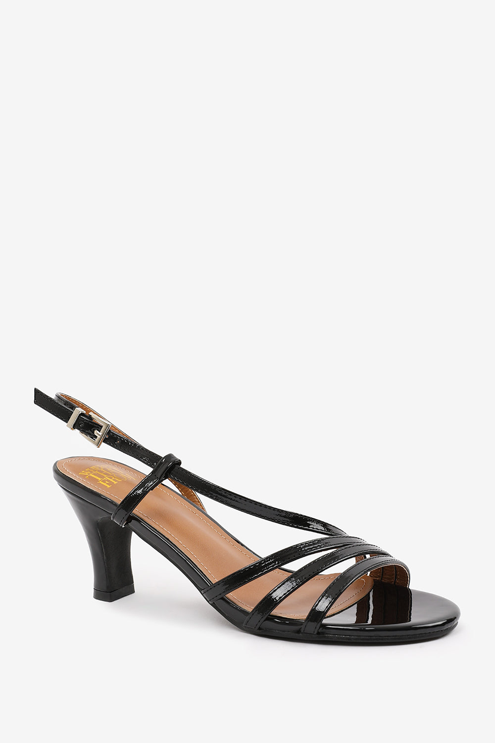 MYKONOS MUTLI STRAP SLINGBACK LOW BLOCK HEEL IN BLACK PATENT