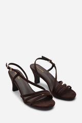 Mykonos Multi Strap Slingback Dark Brown Suede Low Block Heel