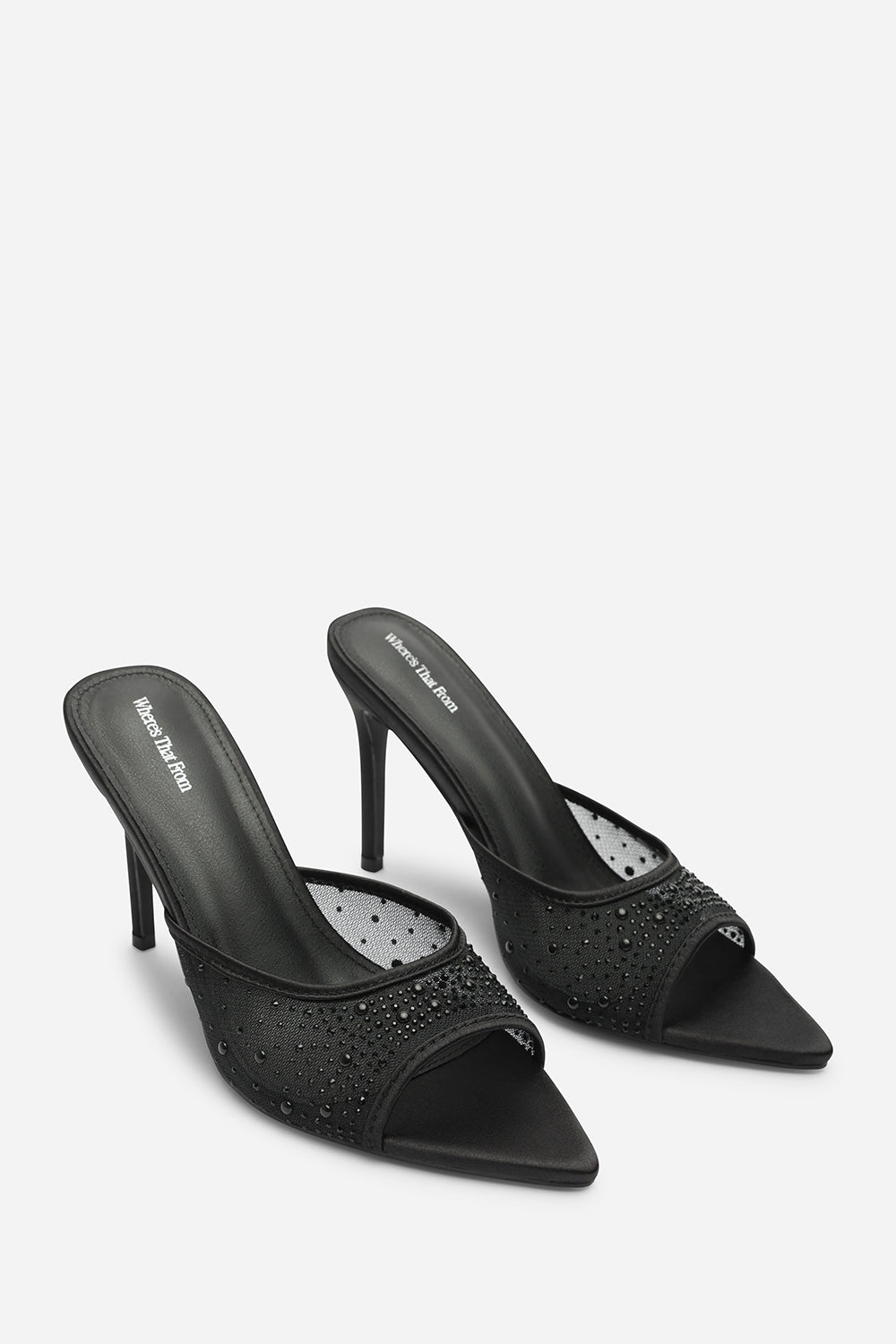 Qorelle Black Mesh Mules With Diamante Detail