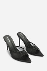 Qorelle Black Mesh Mules With Diamante Detail