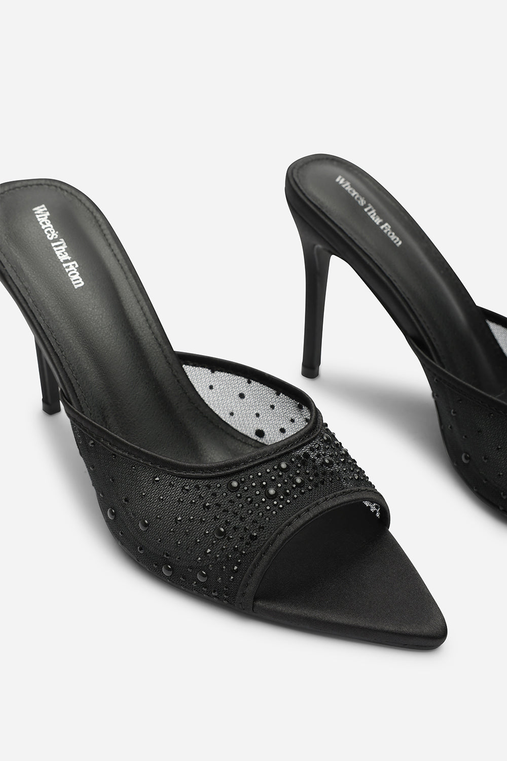 Qorelle Black Mesh Mules With Diamante Detail