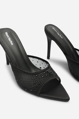 Qorelle Black Mesh Mules With Diamante Detail