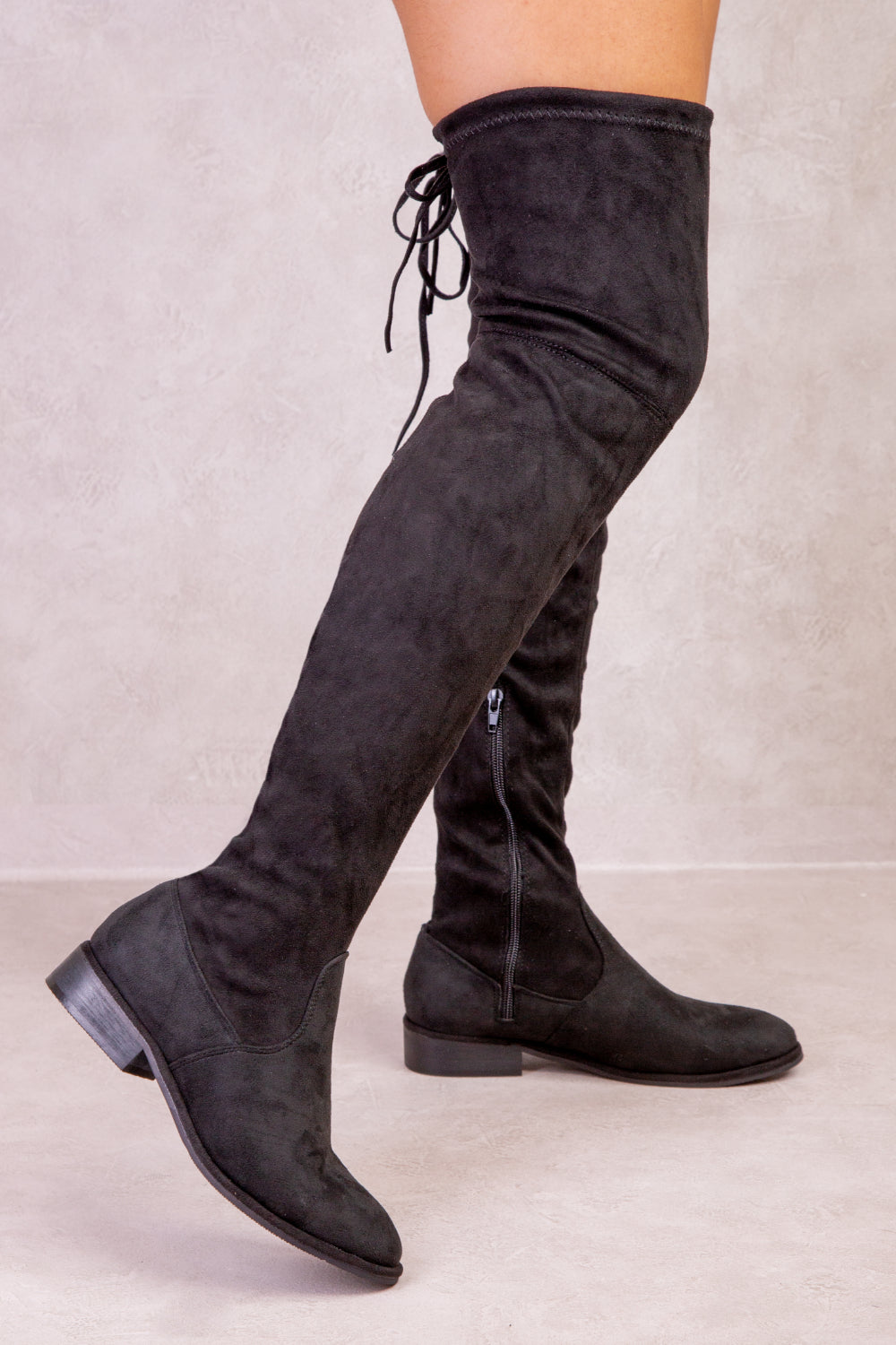 SHAERA STRETCH OVER THE KNEE FLAT BOOTS IN BLACK SUEDE