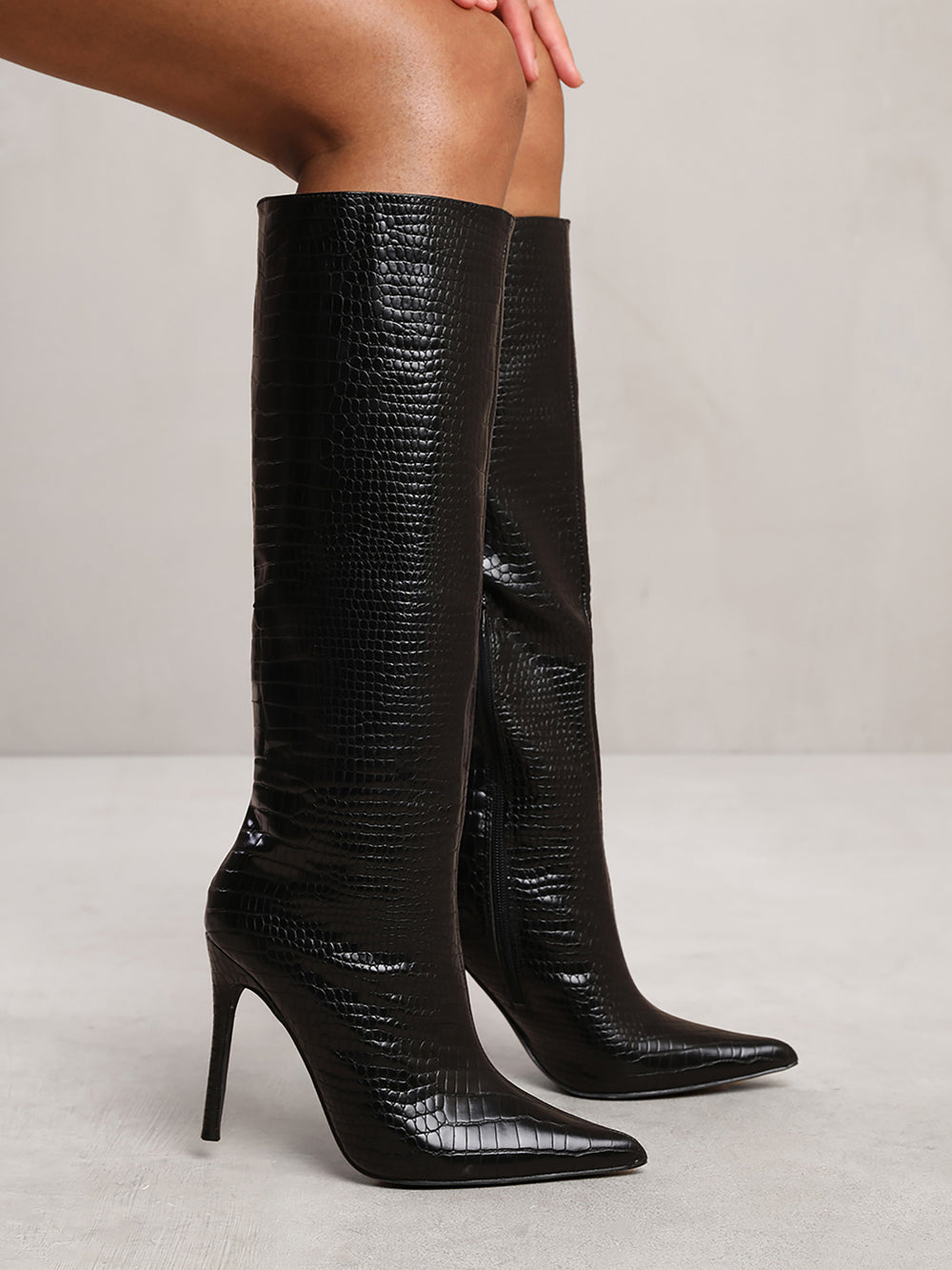 LILAH BELOW KNEE HIGH HEEL CROC BOOT  IN BLACK FAUX LEATHER