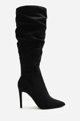 Goldie Slouch Pointed Toe Black Suede Knee High Heeled Boot