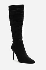 Goldie Slouch Pointed Toe Black Suede Knee High Heeled Boot