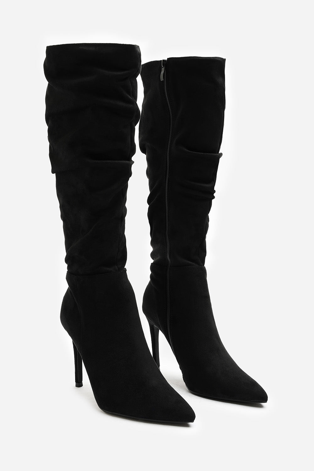 Goldie Slouch Pointed Toe Black Suede Knee High Heeled Boot