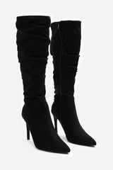 Goldie Slouch Pointed Toe Black Suede Knee High Heeled Boot