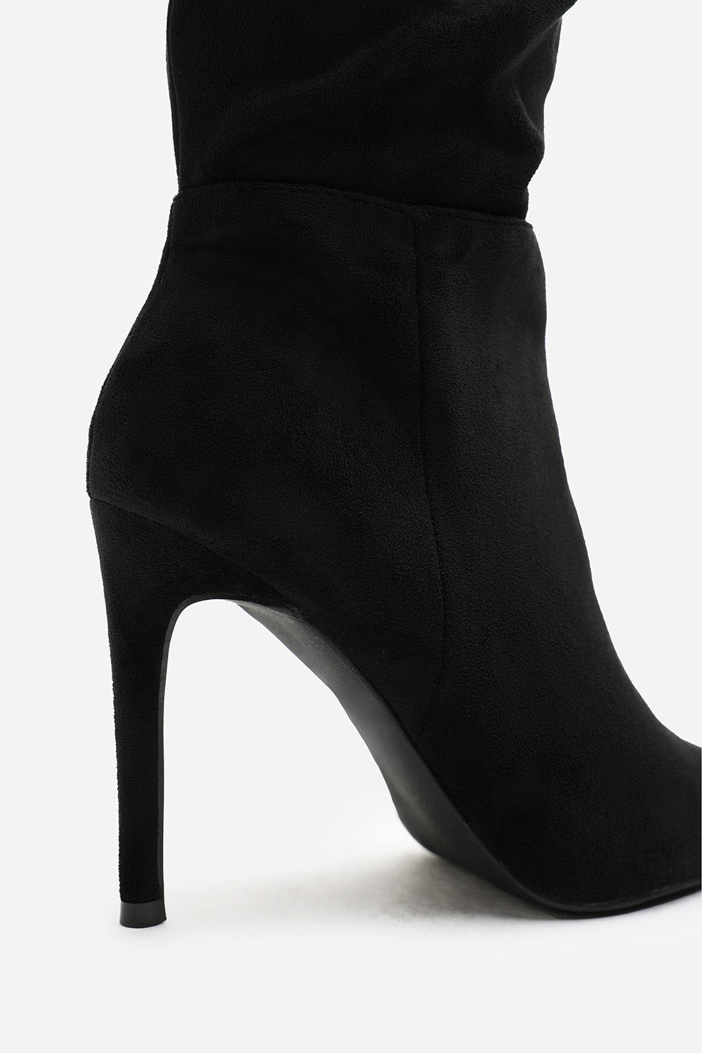 Goldie Slouch Pointed Toe Black Suede Knee High Heeled Boot