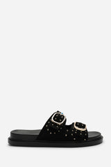 Ceylon Diamante Stud Double Buckle Black Suede Slide On Sandal
