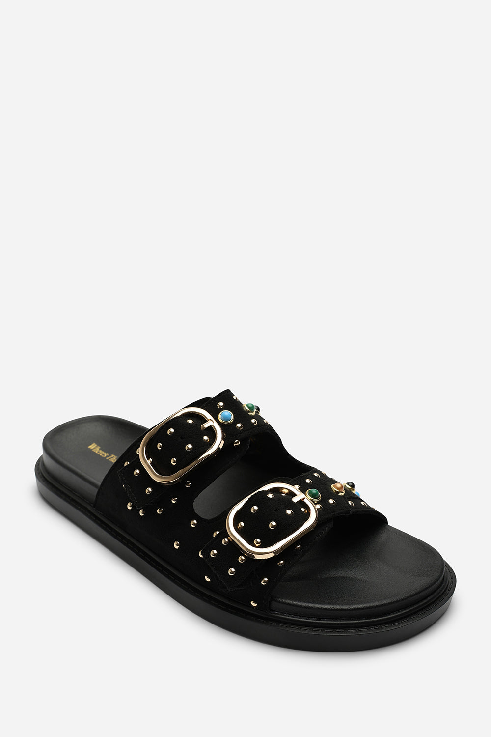 Ceylon Diamante Stud Double Buckle Black Suede Slide On Sandal