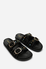 Ceylon Diamante Stud Double Buckle Black Suede Slide On Sandal