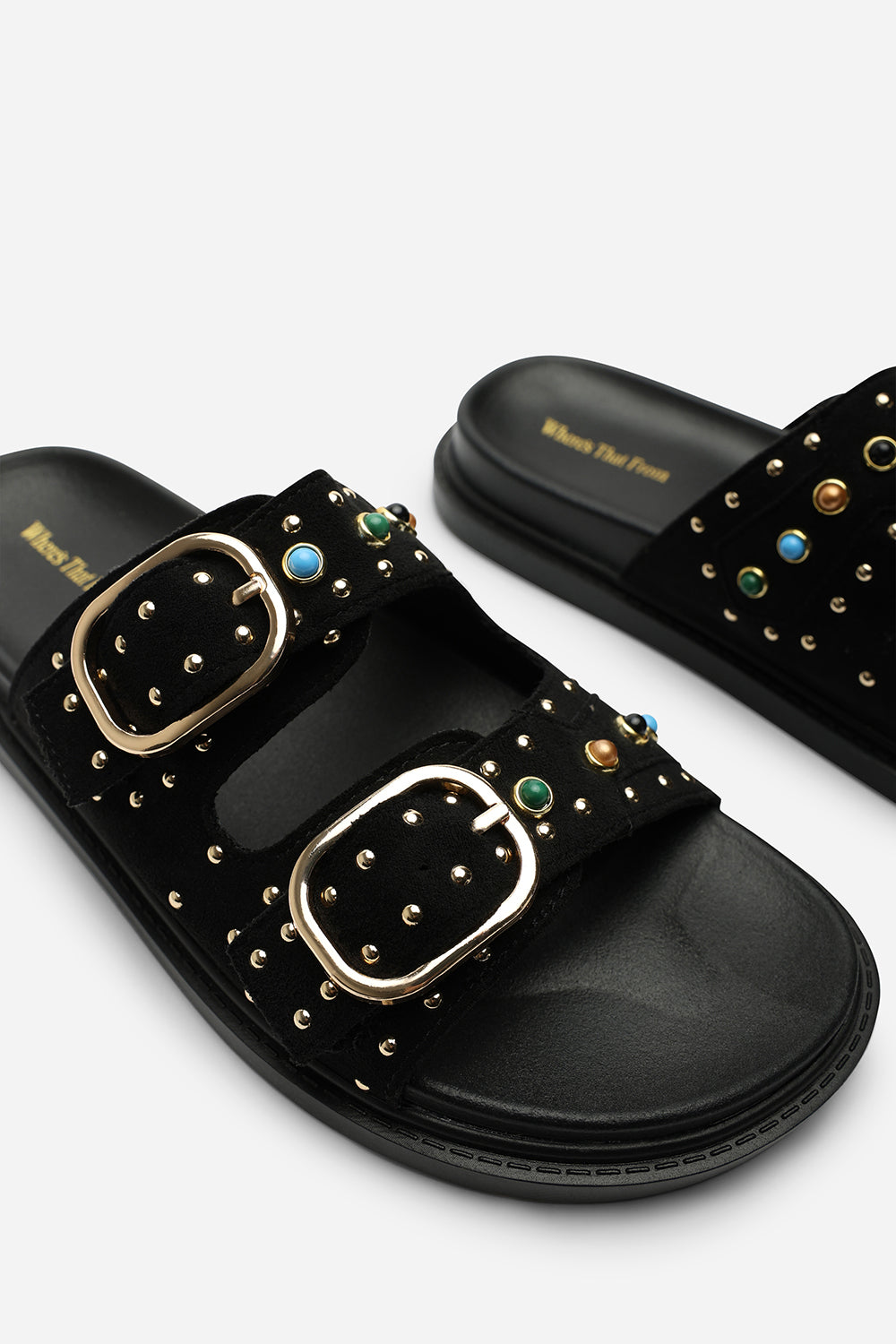 Ceylon Diamante Stud Double Buckle Black Suede Slide On Sandal
