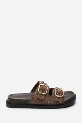 Ceylon Diamante Stud Double Buckle Camel Suede Slide On Sandal