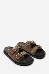 Ceylon Diamante Stud Double Buckle Camel Suede Slide On Sandal