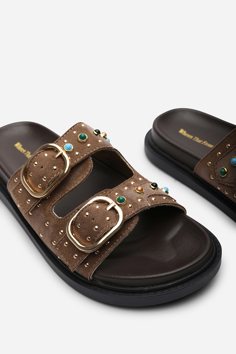 Ceylon Diamante Stud Double Buckle Camel Suede Slide On Sandal