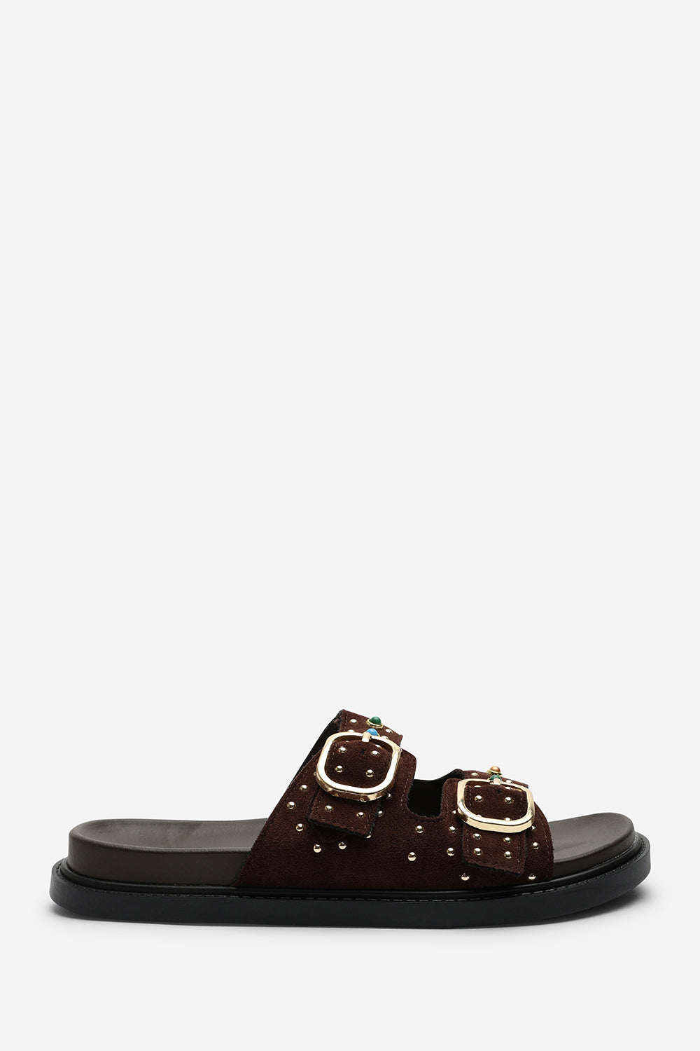 Ceylon Diamante Stud Double Buckle Dark Brown Suede Slide On Sandal