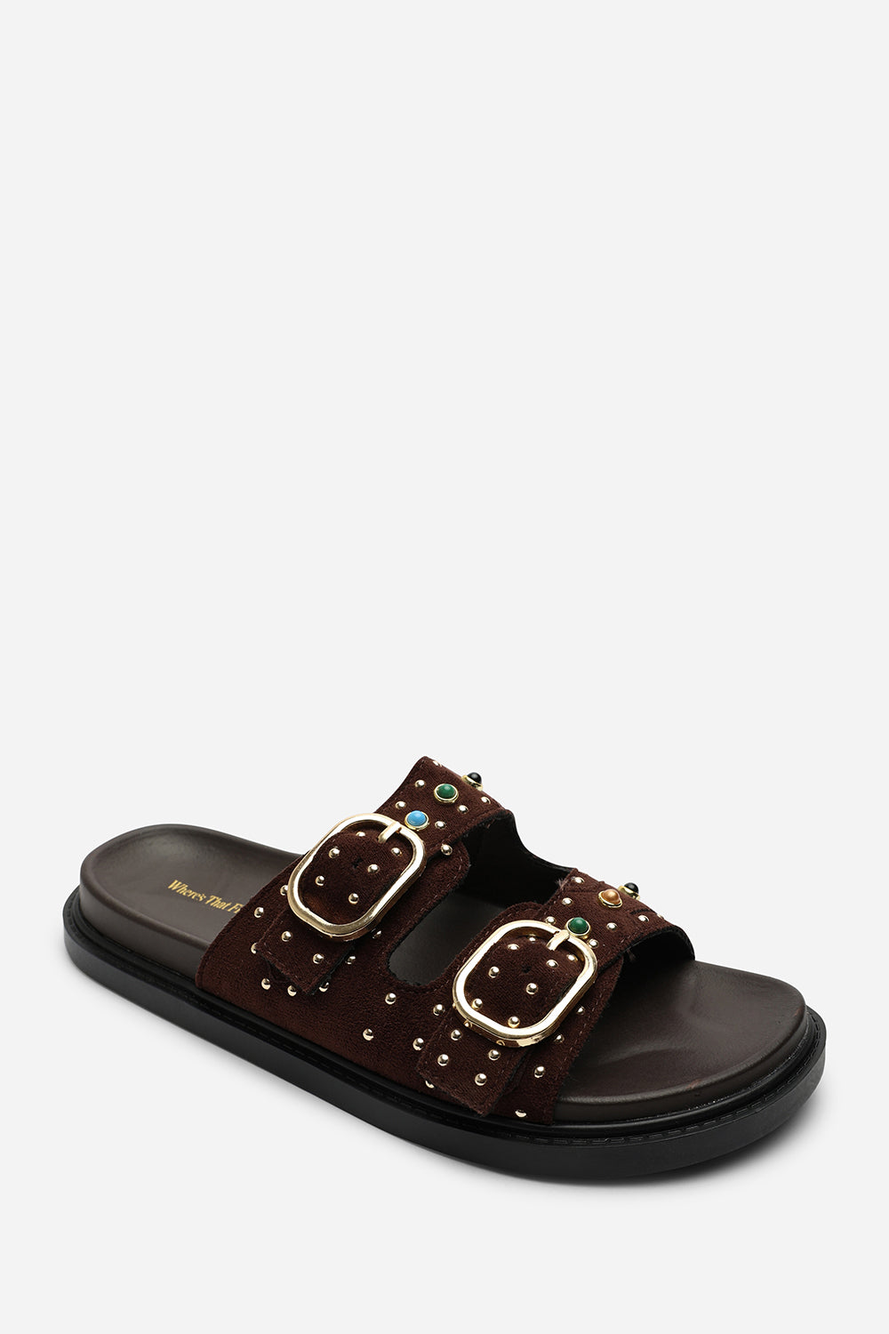 Ceylon Diamante Stud Double Buckle Dark Brown Suede Slide On Sandal