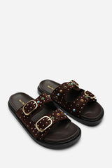 Ceylon Diamante Stud Double Buckle Dark Brown Suede Slide On Sandal