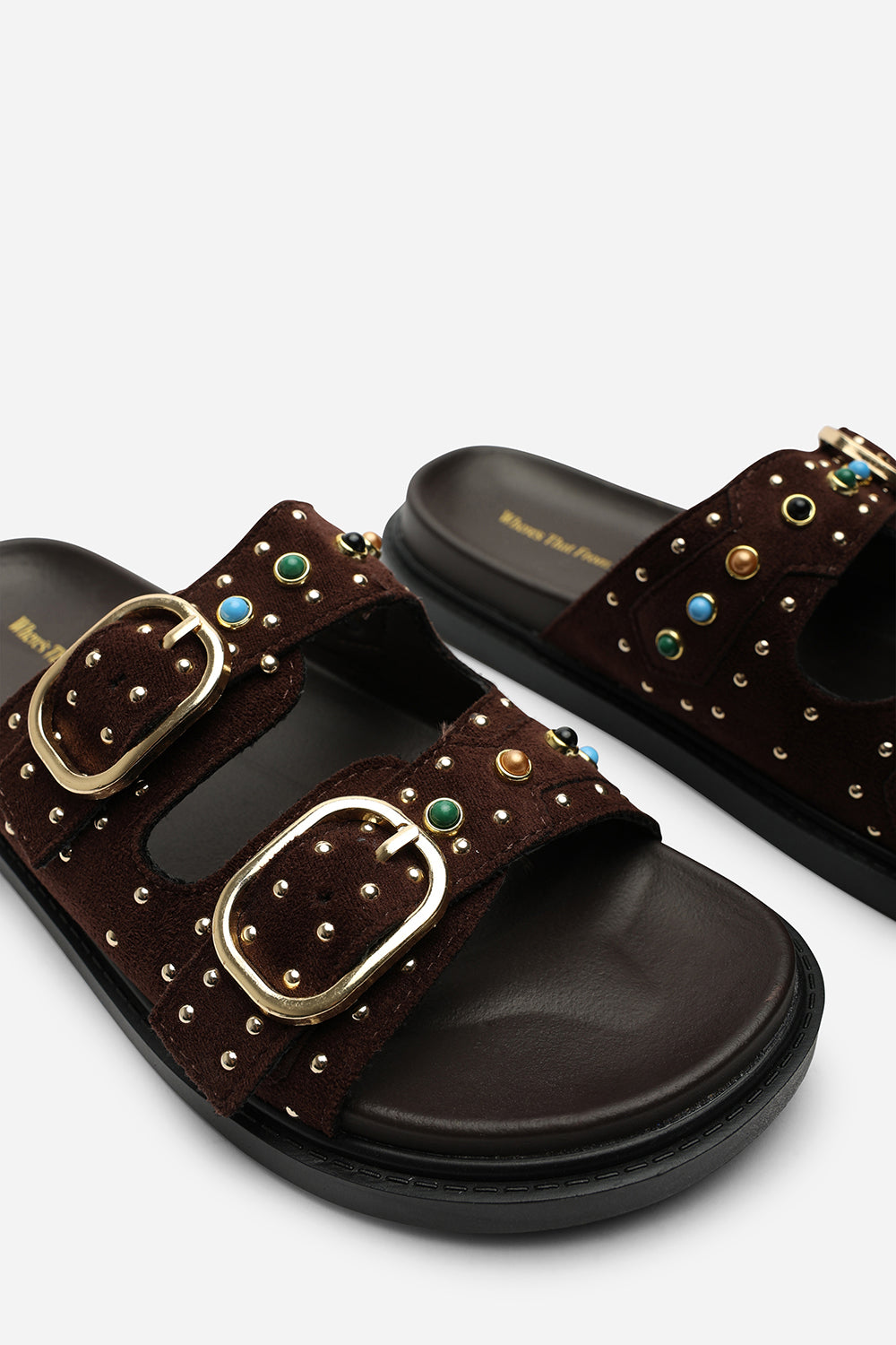 Ceylon Diamante Stud Double Buckle Dark Brown Suede Slide On Sandal